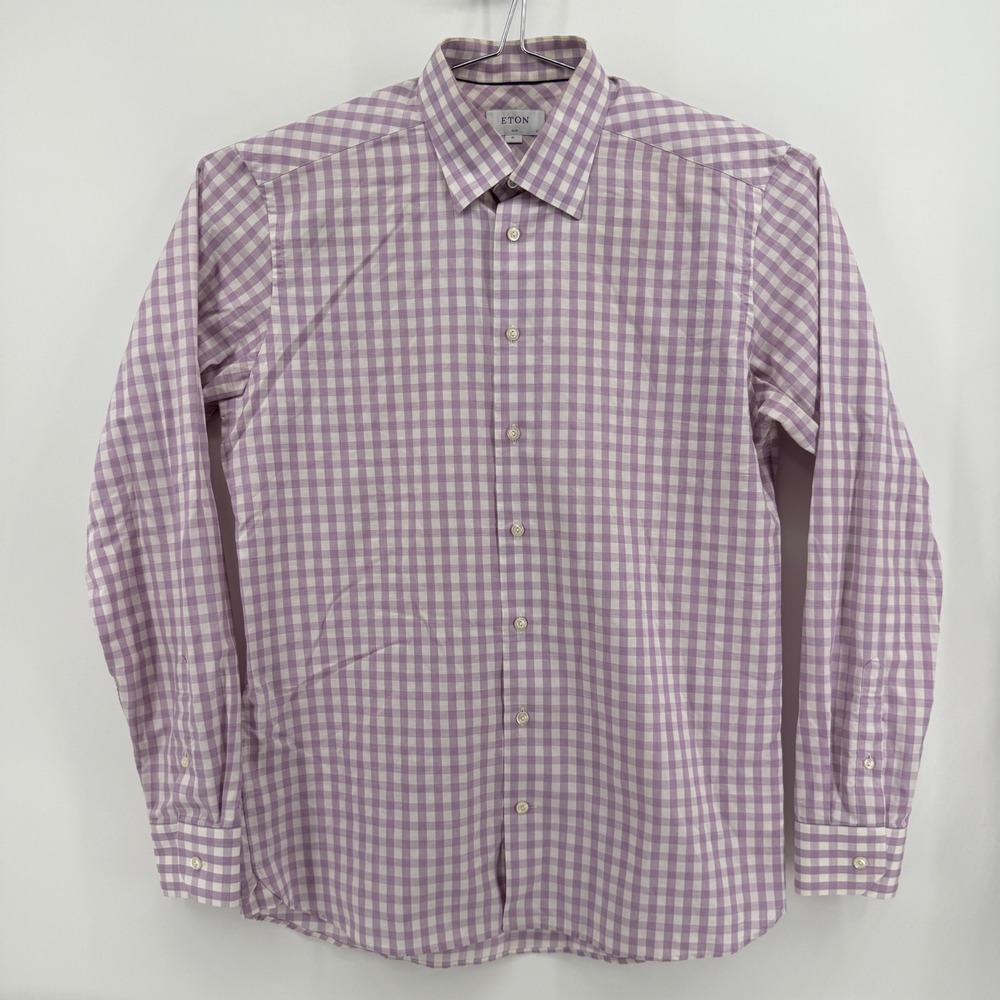 Eton Button Down Men XL Purple Gingham Cotton Linen Slim Fit Shirt